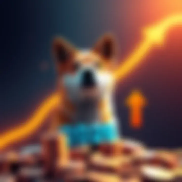 A graphic showing a dog and coins representing Doge, with upward and downward arrows indicating price predictions for 2026.