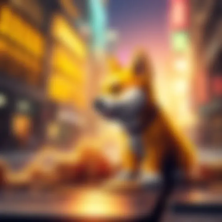 A visual representation of the Doge coin rising towards 5 cents with a graph and dog mascot representation