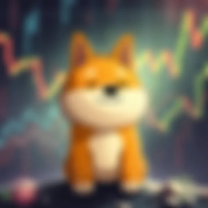 A cartoon Shiba Inu representing Doge, looking optimistic amidst a backdrop of falling market graphs and bearish trends.