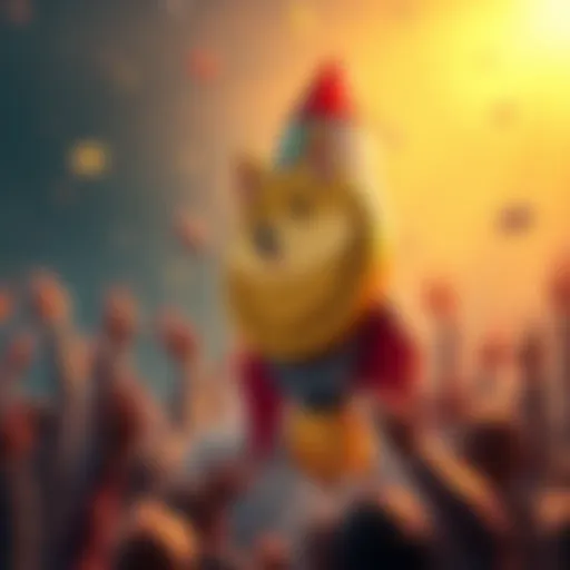 A cartoon Doge Coin with a rocket symbolizing its potential surge in value, surrounded by excited people.