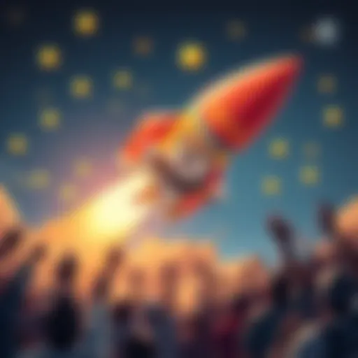 A cartoon rocket labeled Doge is launching into space with a dog in an astronaut suit, surrounded by stars and a cheering crowd of people.