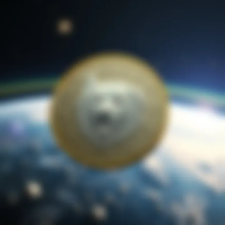 A metal Doge Coin floating in space with a backdrop of Earth and stars, symbolizing a fun mission to take Doge Coin to the moon with NASA.