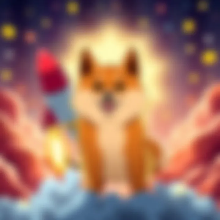 A cartoon Shiba Inu dog with a rocket, symbolizing Dogecoin's potential rise in value, with a bright background representing excitement in the crypto market.