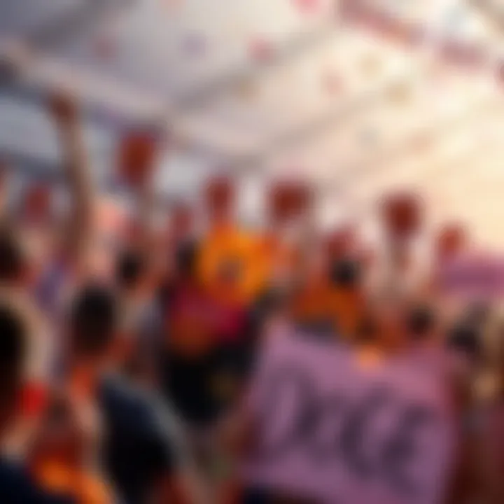 A vibrant image of Dogecoin logos and people celebrating together, holding signs supporting Doge's rise to $250.11, with a festive atmosphere.