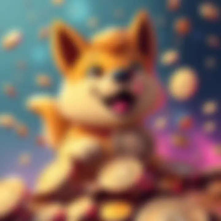 A cartoon dog mascot representing Doge, surrounded by coins, illustrating its rise in popularity and value this month.