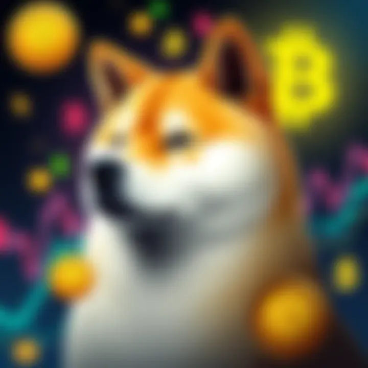 Doge Cryptocurrency Symbol A Shiba Inu dog representing the Doge meme, surrounded by cryptocurrency symbols and stock market graphs, signifying its influence in modern politics.
