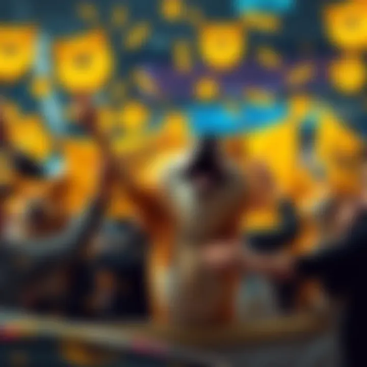 A group of Dogecoin fans holding banners and cheering for Doge's price to reach $250.11, with playful dog graphics around them.