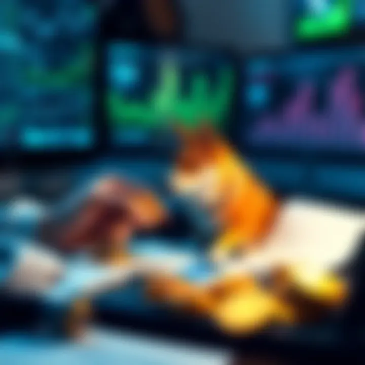 A person analyzing cryptocurrency investments with charts and DOGE coins on a desk