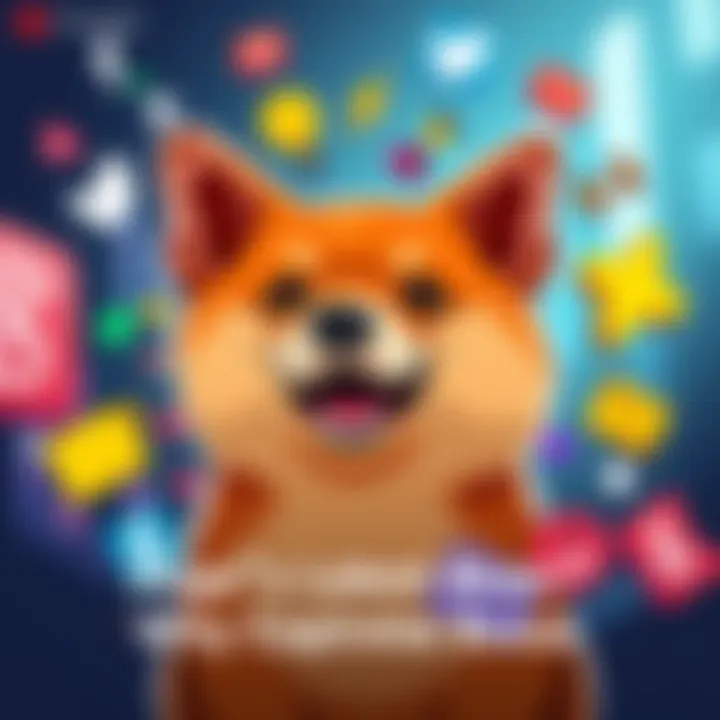 A colorful Doge meme showing a happy Shiba Inu surrounded by trending symbols and social media icons, representing the buzz around Doge in 2026.