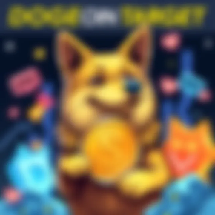 A digital illustration of a golden dog with a coin featuring a dollar sign, representing the Doge community's goal for a price target of $250.11, surrounded by cheerful graphics symbolizing support an...