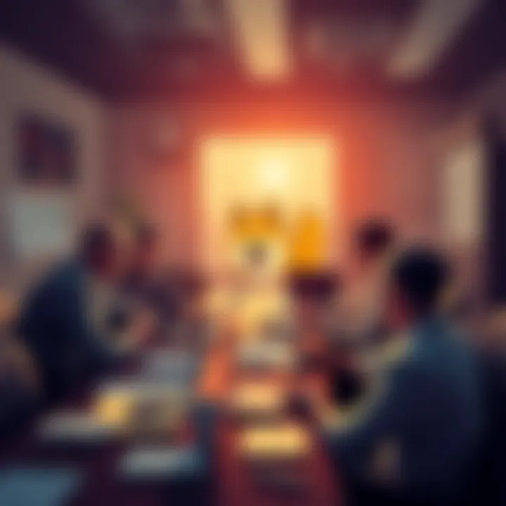 Group of people discussing updates for Doge Wallet with laptops and charts around them