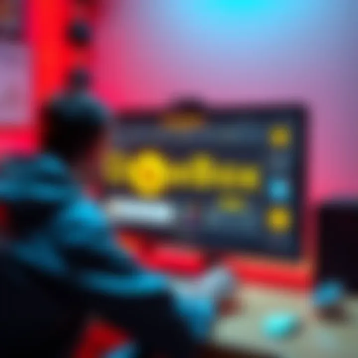 A person at a computer screen showcasing the DogeBox OS PUP Wizard Beta, with Dogecoin graphics and app icons around.