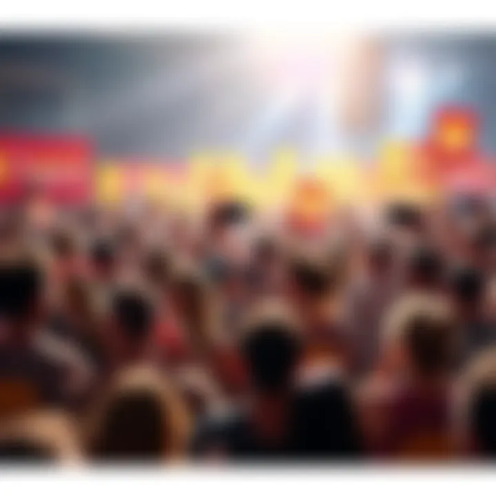 A vibrant gathering of Dogecoin supporters celebrating unity and growth, with Dogecoin logos and banners in the background.