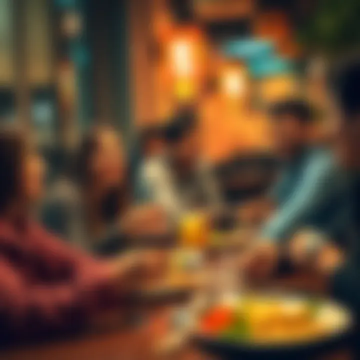 A group of friends enjoying lunch together, sharing smiles and laughter at a Dogecoin community gathering.