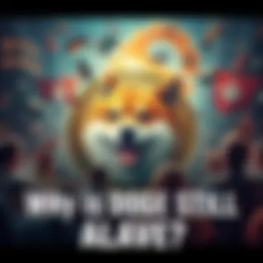 The Dogecoin logo surrounded by people showing support and enthusiasm for the currency