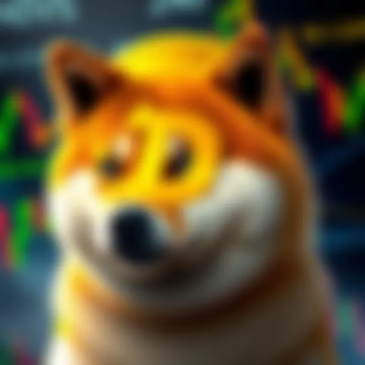 A visual representation of Dogecoin with a Shiba Inu dog and financial charts in the background.