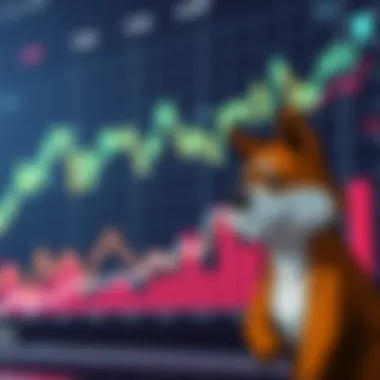 Dogecoin chart trending down A chart showing the decline of Dogecoin's popularity with a dog mascot in the corner looking sad