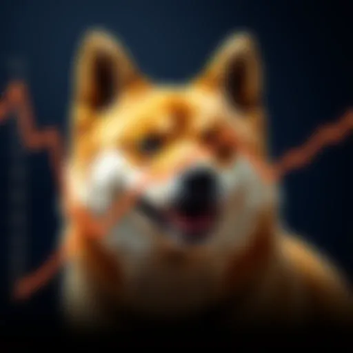 A downward trend line representing the bearish forecast for Dogecoin prices, with a Doge meme image in the background.