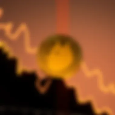 A representation of the Dogecoin symbol with a downward-trending line graph in the background, showing a decline in value.