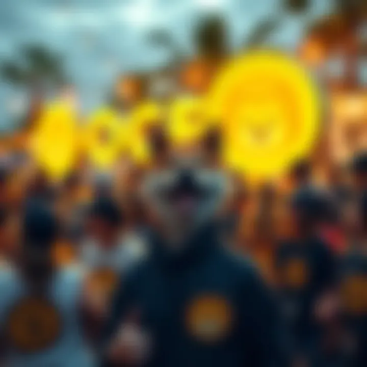 A lively group of Dogecoin supporters sharing ideas and excitement at an outdoor event, with Dogecoin logos and memorabilia visible.