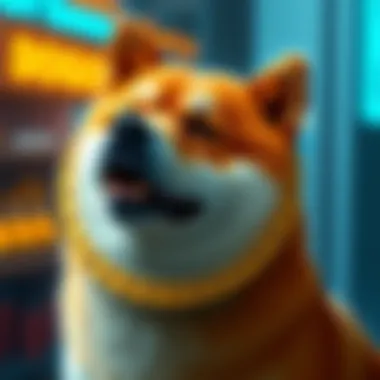 A shiny Dogecoin with a cheerful Shiba Inu dog in the background, symbolizing accessibility and community.