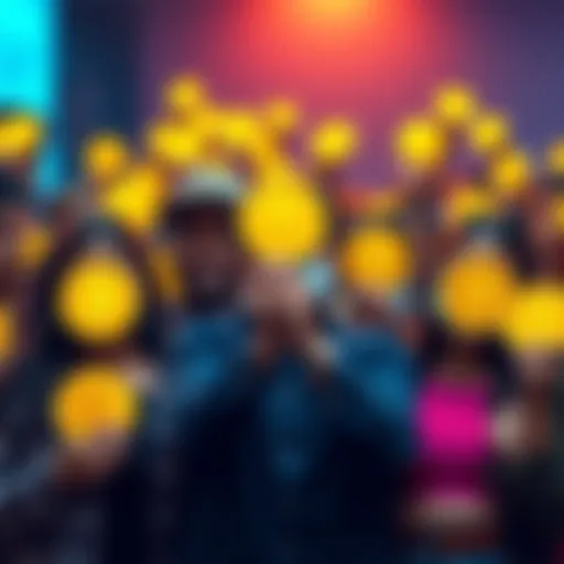 A group of diverse people each holding a Dogecoin symbol, representing collective investment and community support in cryptocurrency.