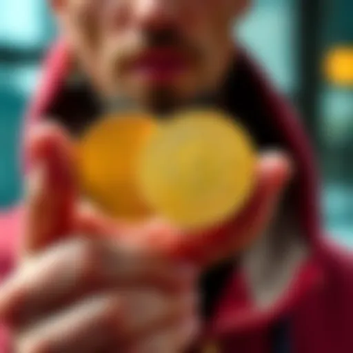 A person holding 56 Dogecoin coins looking thoughtful about their investment options