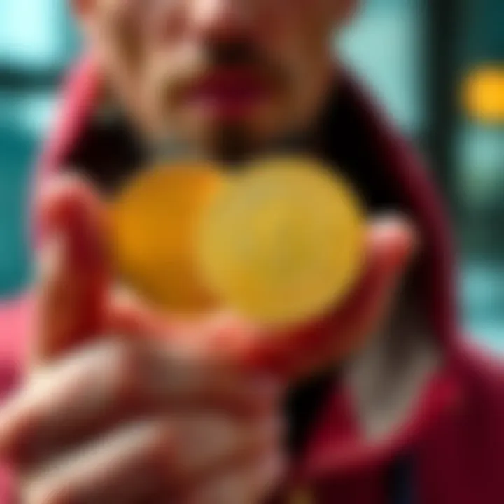 A person holding 56 Dogecoin coins looking thoughtful about their investment options