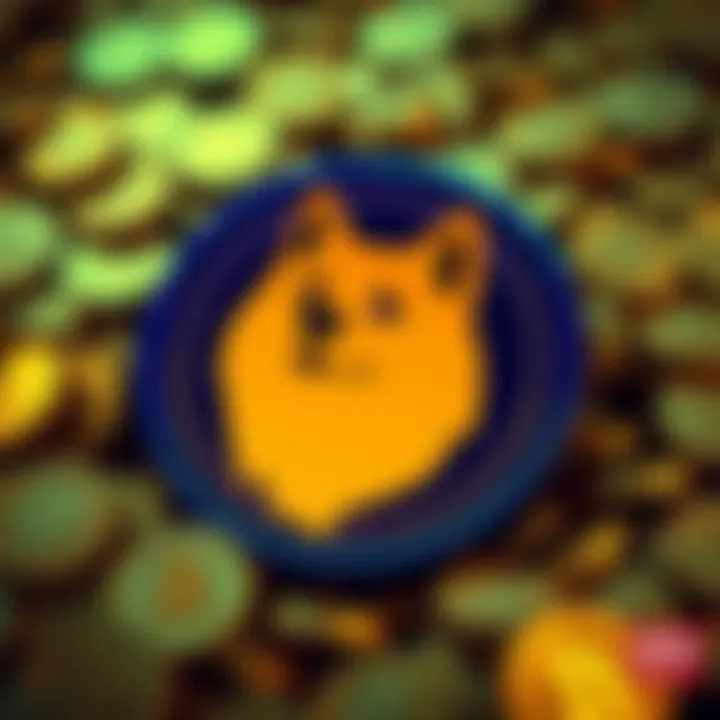 Dogecoin Logo with Gold Coins A colorful Dogecoin logo surrounded by gold coins, symbolizing the cryptocurrency's popularity and value in 2025.