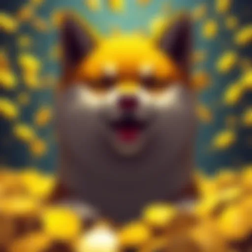 A Shiba Inu dog representing Dogecoin surrounded by gold coins