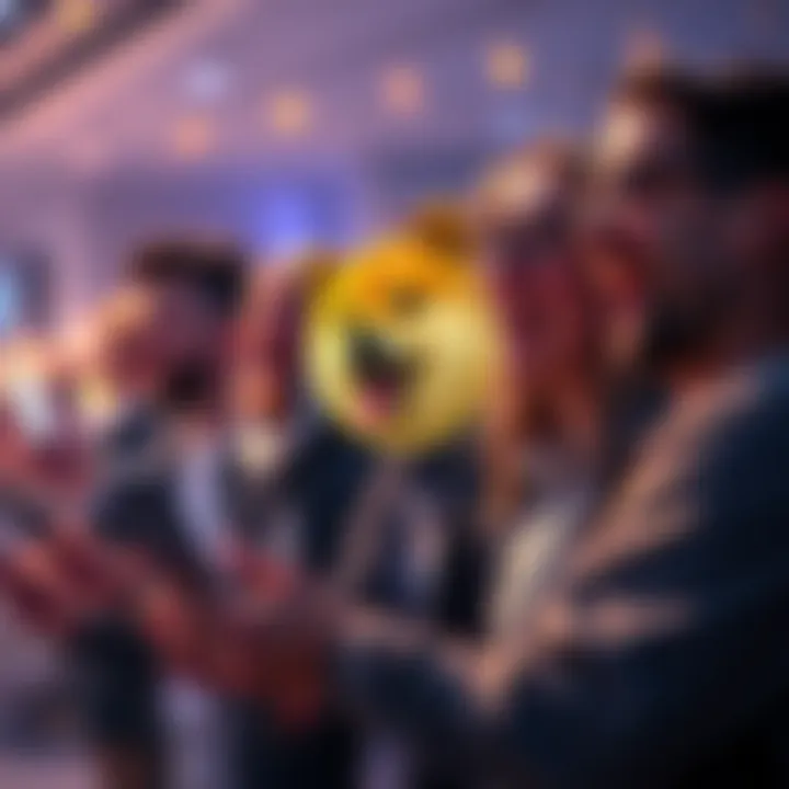 Dogecoin meme campaign A group of people creating and sharing Dogecoin memes on social media platforms with excitement in their expressions.