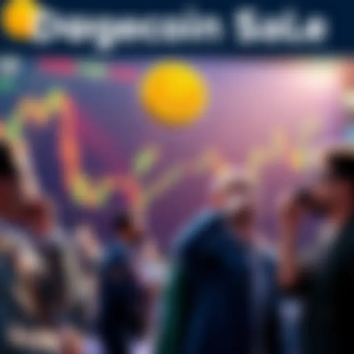 A chart showing a spike in Dogecoin prices following a large sale, with traders looking concerned and excited.