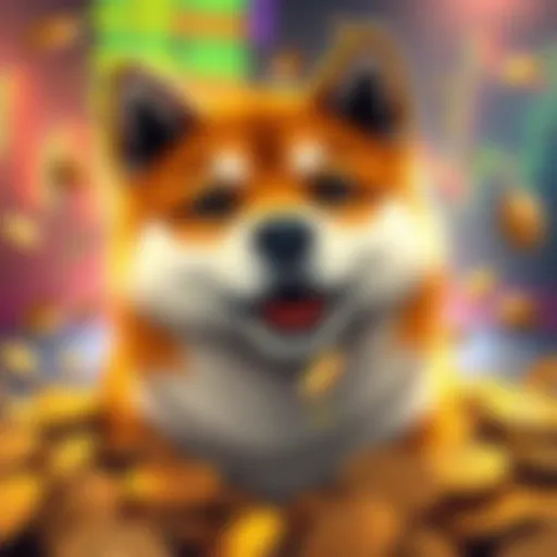 A Shiba Inu dog with a playful expression, representing Dogecoin, surrounded by coins and a colorful background symbolizing the crypto market.