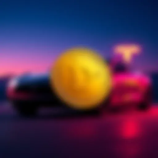 A Dogecoin logo next to a Tesla electric vehicle, symbolizing new payment options