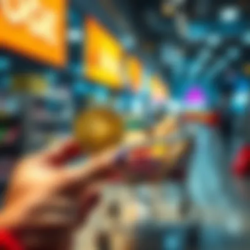 A person holding a Dogecoin coin next to a shopping cart filled with various items bought with Dogecoin.