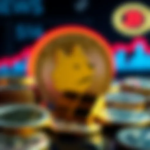 A collection of Dogecoin coins with the Dogecoin logo in the background, symbolizing the importance of holding onto these assets.