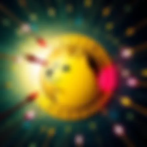 A graphic illustration showing a Dogecoin symbol being targeted by digital arrows, symbolizing the attack from QUBIC.