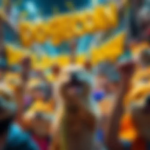 People joyfully celebrating the rise of Dogecoin with Doge-themed decorations and props, expressing excitement about cryptocurrency gains.