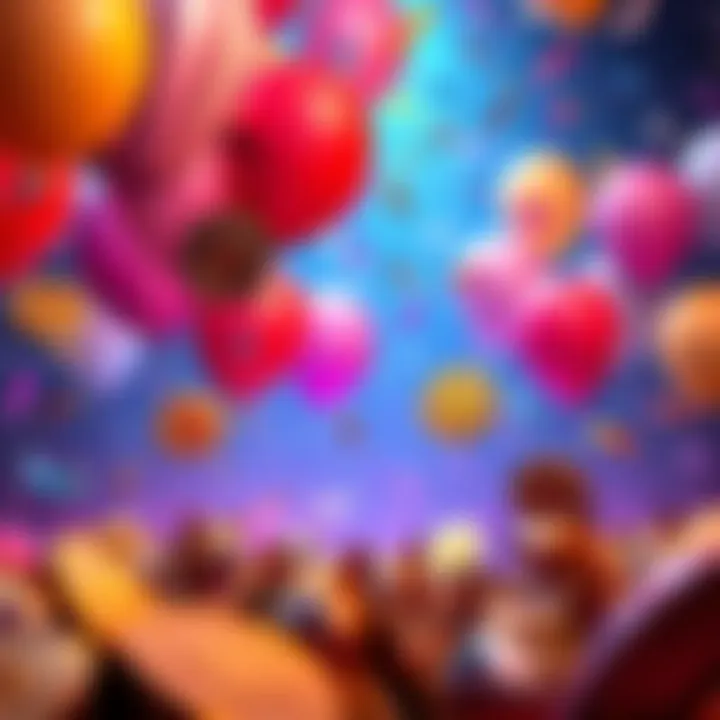 A lively scene of doge coins with balloons and confetti, symbolizing the excitement around Doge 1$ hype during April Fools.