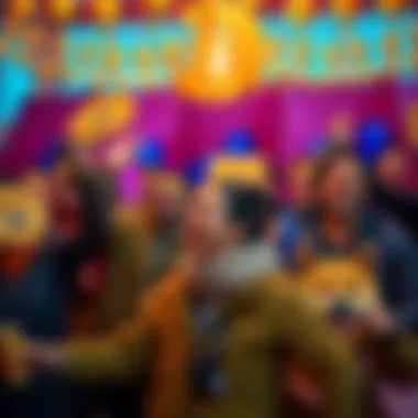 A group of Dogecoin supporters joyfully celebrating small price gains with smiles and cheers, holding up signs of support for the cryptocurrency, amidst a backdrop of colorful decorations.