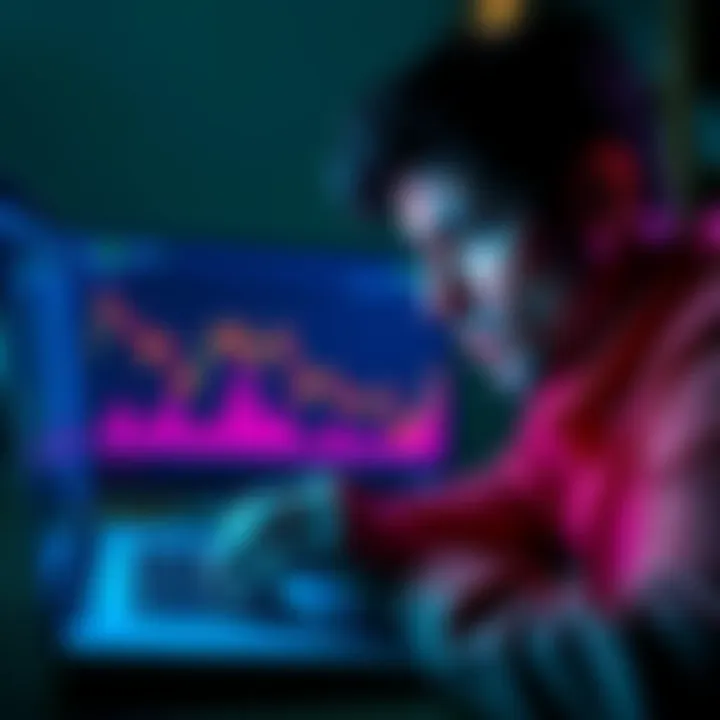 A person looking at a Dogecoin graph on a laptop, showing a sharp decline. The expression is one of concern and contemplation.
