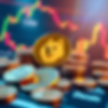 Dogecoin Symbol and Coins A collection of Dogecoin coins and the Dogecoin symbol on a digital screen, representing cryptocurrency market trends.