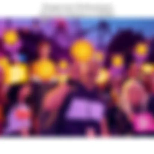 Dogecoin Community Celebration Cheerful group of people holding Dogecoin signs and merchandise, celebrating their support for the cryptocurrency in a vibrant outdoor event.