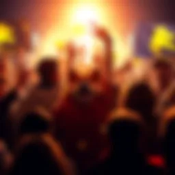 A group of Dogecoin enthusiasts celebrating together with Dogecoin logos and banners in a lively atmosphere.