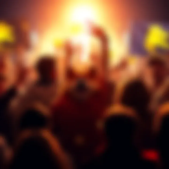 A group of Dogecoin enthusiasts celebrating together with Dogecoin logos and banners in a lively atmosphere.