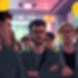 Group of people discussing Dogecoin with worried expressions, reflecting the community's changing sentiment