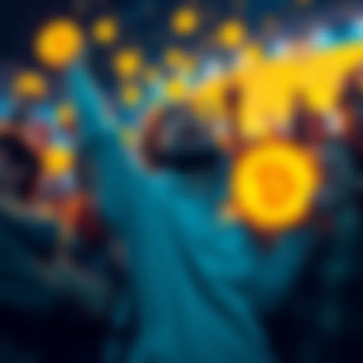 A group of enthusiastic people celebrating with Dogecoin symbols, eagerly waiting for October 18.