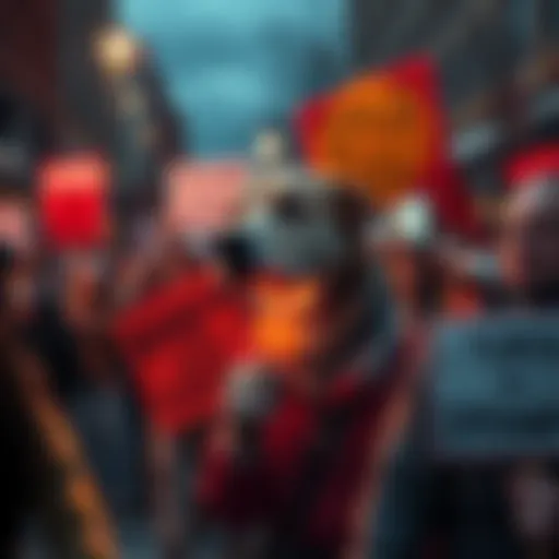 Dogecoin holders gather to express frustration over stagnant prices, holding signs and banners for action and support.