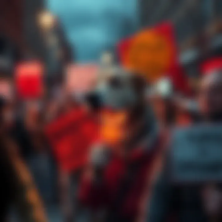 Dogecoin holders gather to express frustration over stagnant prices, holding signs and banners for action and support.