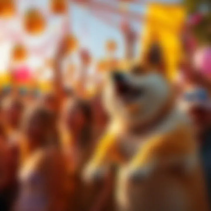 Dogecoin Community Summer Celebration A vibrant gathering of Dogecoin fans enjoying the last summer days with excitement and joy, featuring decorations and a festive atmosphere.